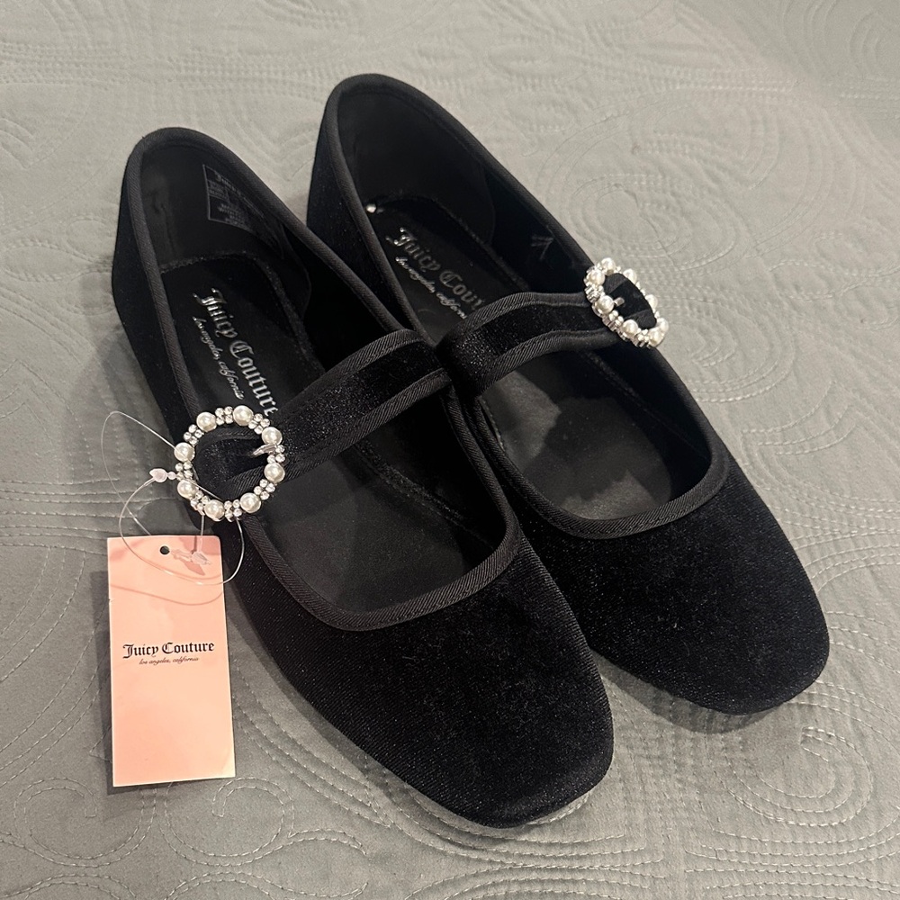 Juicy Couture Black Velvet Mary Jane Flats with Pearl Buckle Detail